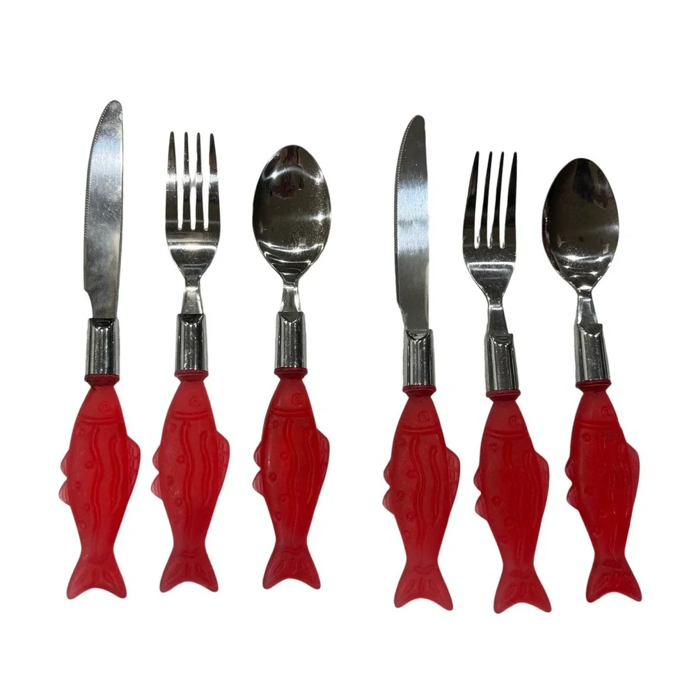 Vintage Fish Handle Flatware Set Red Plastic Stainless Taiwan 6 Pc Retro Coastal